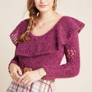 Anthropologie Magenta Ruffled Sweater